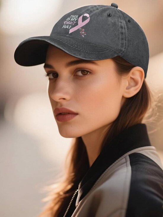 Women\'s Embroidery Adjustable Washed Distressed Trucker Hat Breast Cancer main image 2